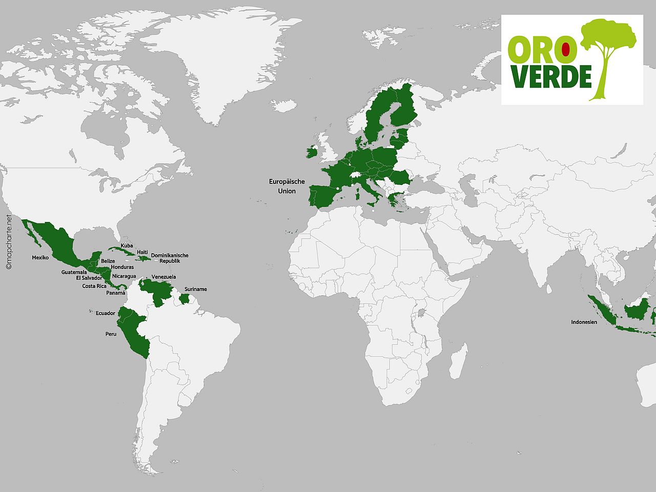 Karte mapChart OroVerde Projektgebiete ©OroVerde Unsere Projekte – Weltkarte